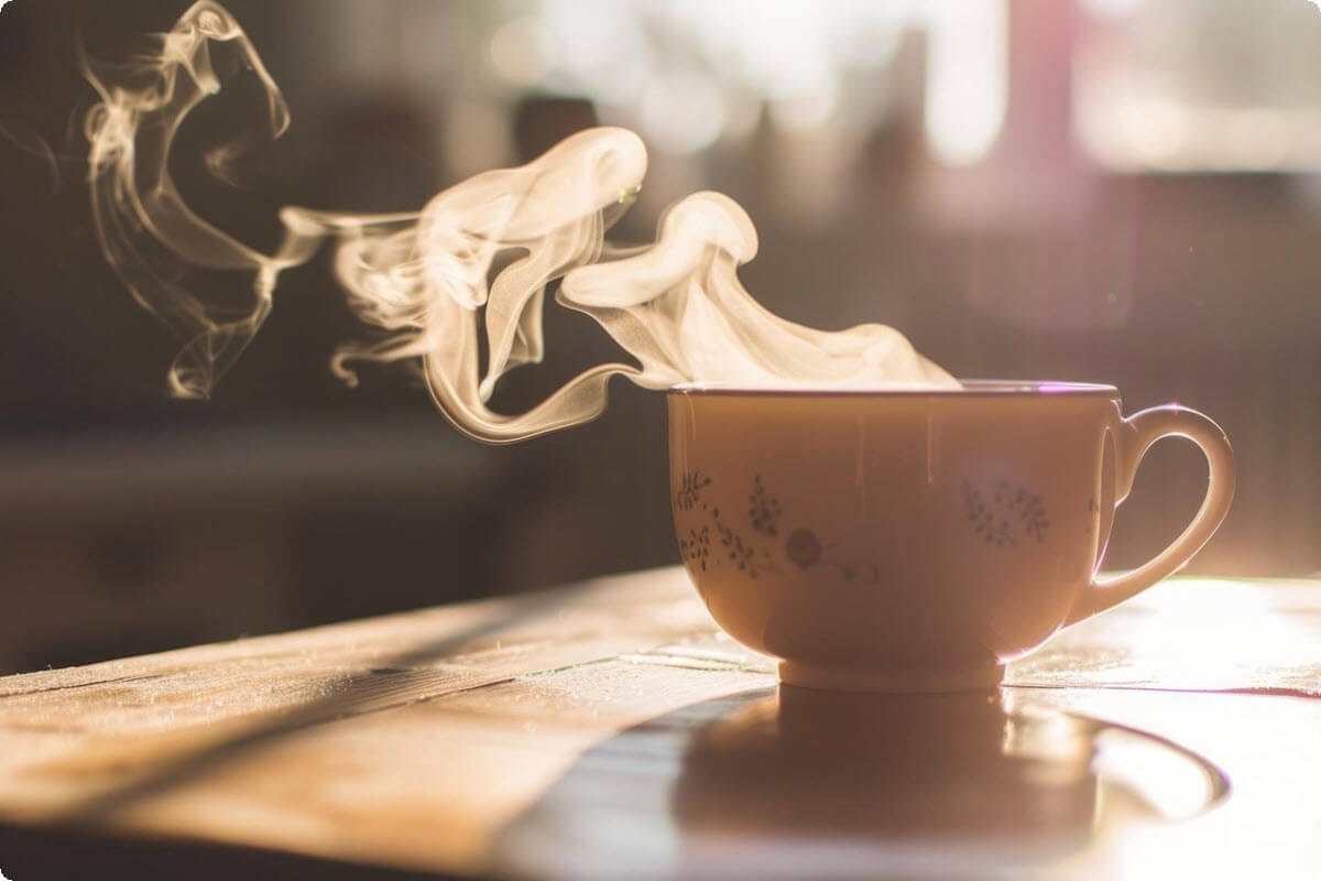 A steaming cup of tea resting on a wooden table in soft light A steaming cup of tea resting on a wooden table in soft light